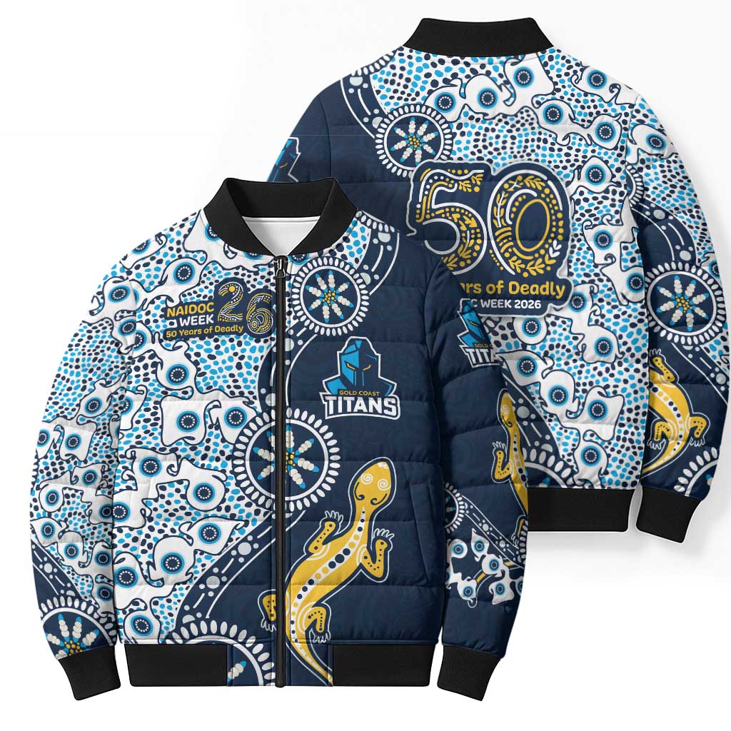Gold Coast Titans NAIDOC Week 2026 Bomber Puffer Jacket Aboriginal Lizard Dot Painting - 50 Years of Deadly