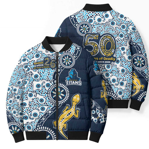 Gold Coast Titans NAIDOC Week 2026 Bomber Puffer Jacket Aboriginal Lizard Dot Painting - 50 Years of Deadly
