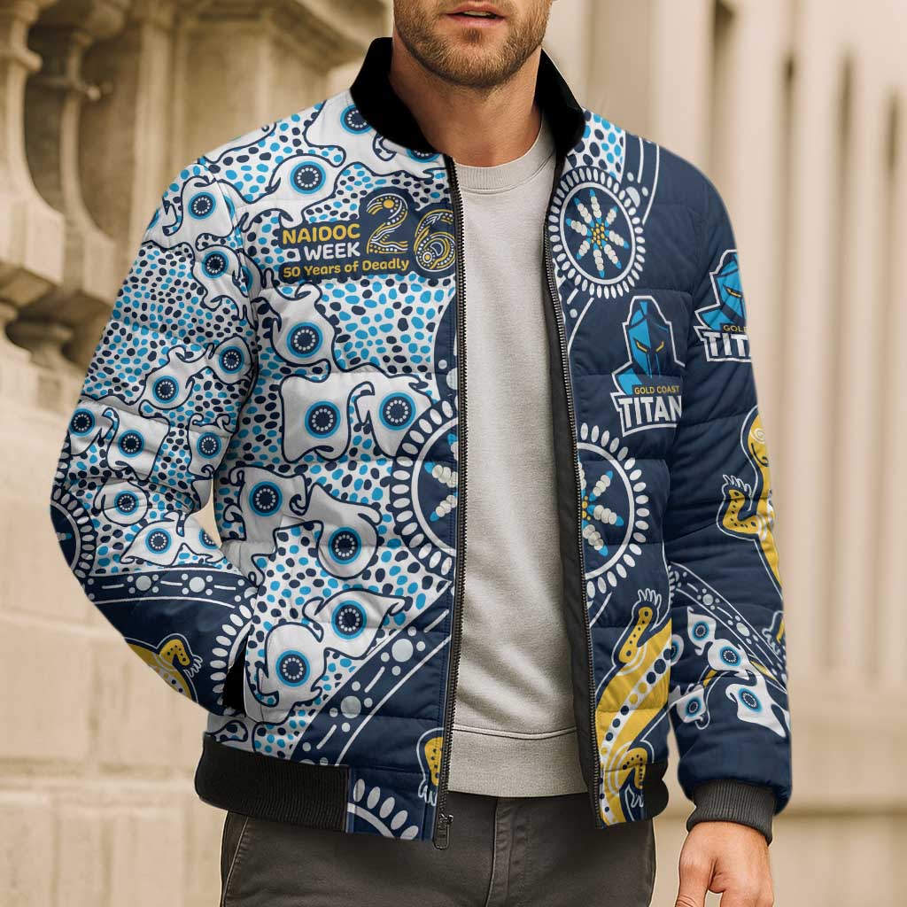 Gold Coast Titans NAIDOC Week 2026 Bomber Puffer Jacket Aboriginal Lizard Dot Painting - 50 Years of Deadly