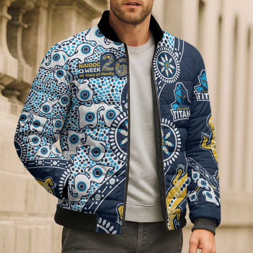 Gold Coast Titans NAIDOC Week 2026 Bomber Puffer Jacket Aboriginal Lizard Dot Painting - 50 Years of Deadly