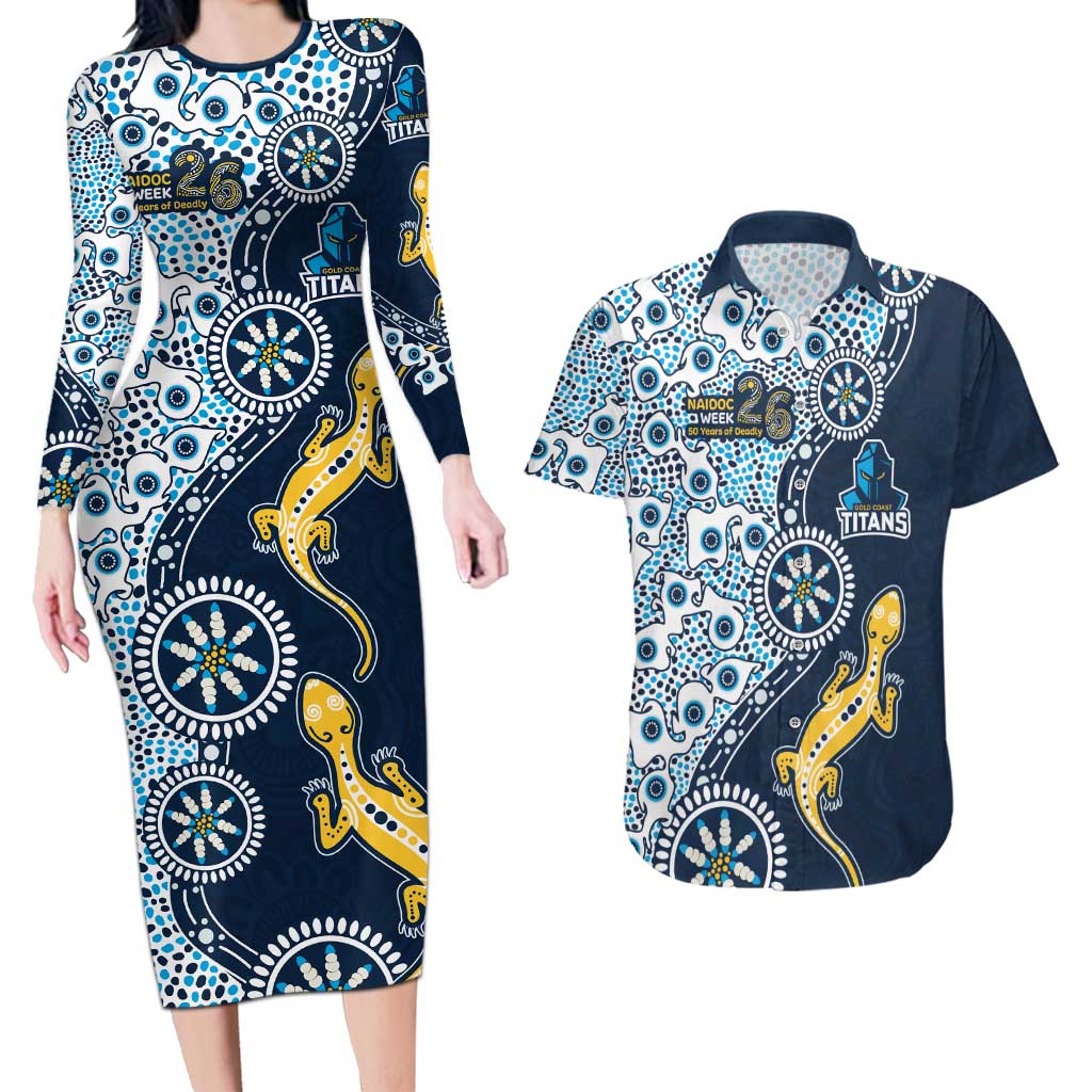 Gold Coast Titans NAIDOC Week 2026 Couples Matching Long Sleeve Bodycon Dress and Hawaiian Shirt Aboriginal Lizard Dot Painting - 50 Years of Deadly