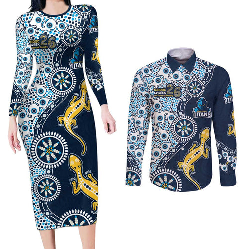 Gold Coast Titans NAIDOC Week 2026 Couples Matching Long Sleeve Bodycon Dress and Long Sleeve Button Shirt Aboriginal Lizard Dot Painting - 50 Years of Deadly