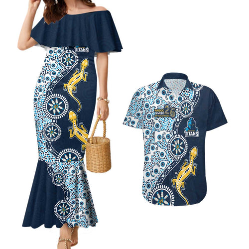 Gold Coast Titans NAIDOC Week 2026 Couples Matching Mermaid Dress and Hawaiian Shirt Aboriginal Lizard Dot Painting - 50 Years of Deadly