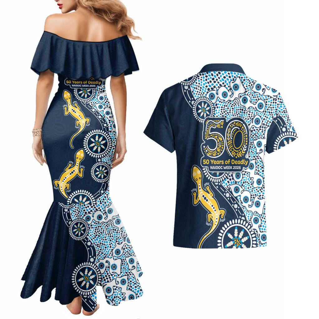 Gold Coast Titans NAIDOC Week 2026 Couples Matching Mermaid Dress and Hawaiian Shirt Aboriginal Lizard Dot Painting - 50 Years of Deadly