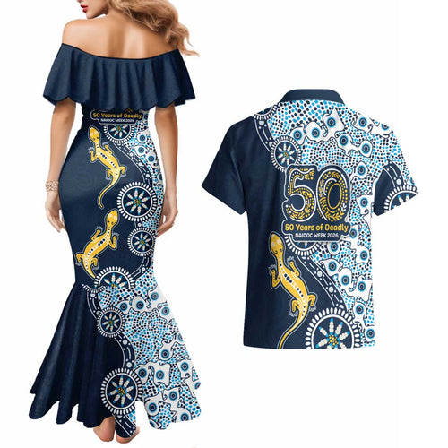 Gold Coast Titans NAIDOC Week 2026 Couples Matching Mermaid Dress and Hawaiian Shirt Aboriginal Lizard Dot Painting - 50 Years of Deadly