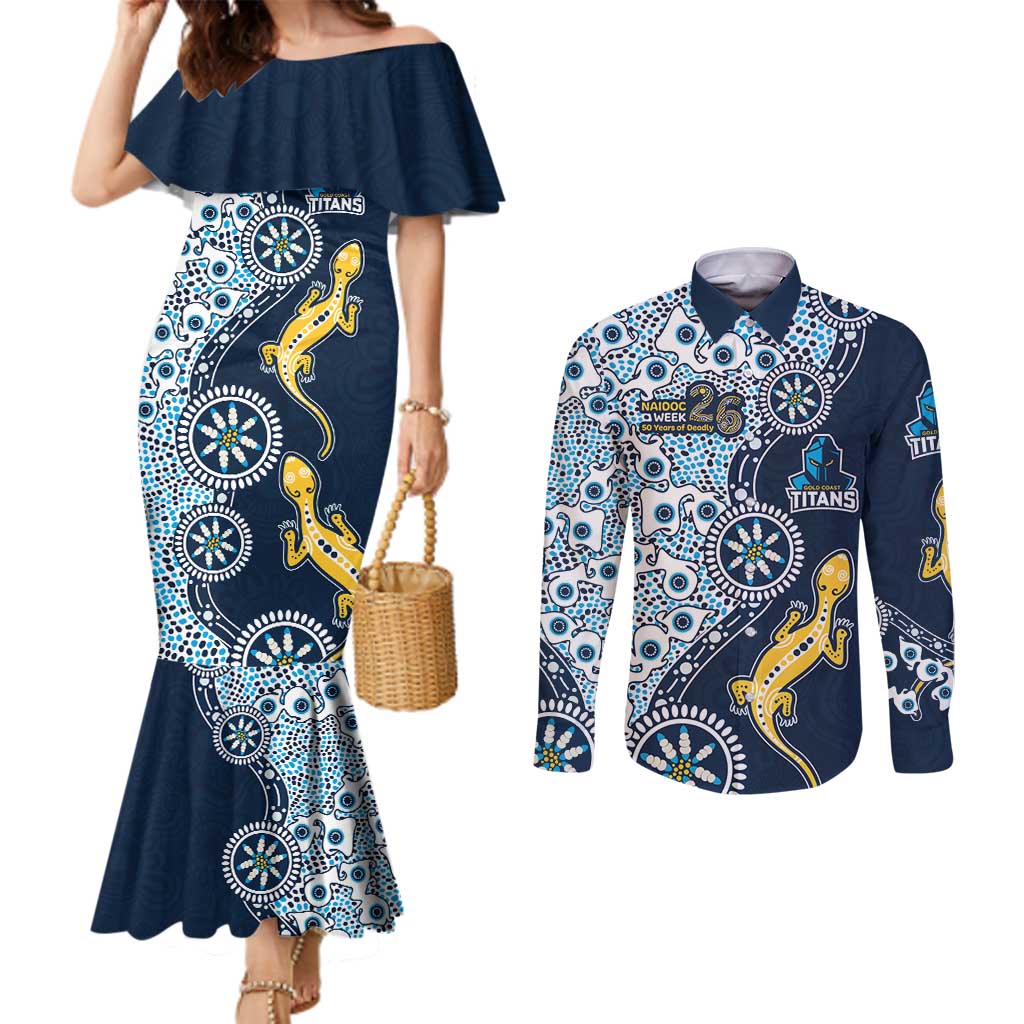 Gold Coast Titans NAIDOC Week 2026 Couples Matching Mermaid Dress and Long Sleeve Button Shirt Aboriginal Lizard Dot Painting - 50 Years of Deadly
