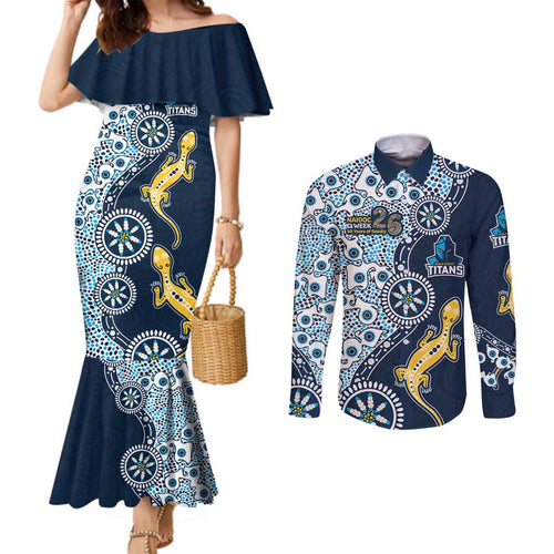 Gold Coast Titans NAIDOC Week 2026 Couples Matching Mermaid Dress and Long Sleeve Button Shirt Aboriginal Lizard Dot Painting - 50 Years of Deadly
