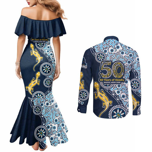 Gold Coast Titans NAIDOC Week 2026 Couples Matching Mermaid Dress and Long Sleeve Button Shirt Aboriginal Lizard Dot Painting - 50 Years of Deadly