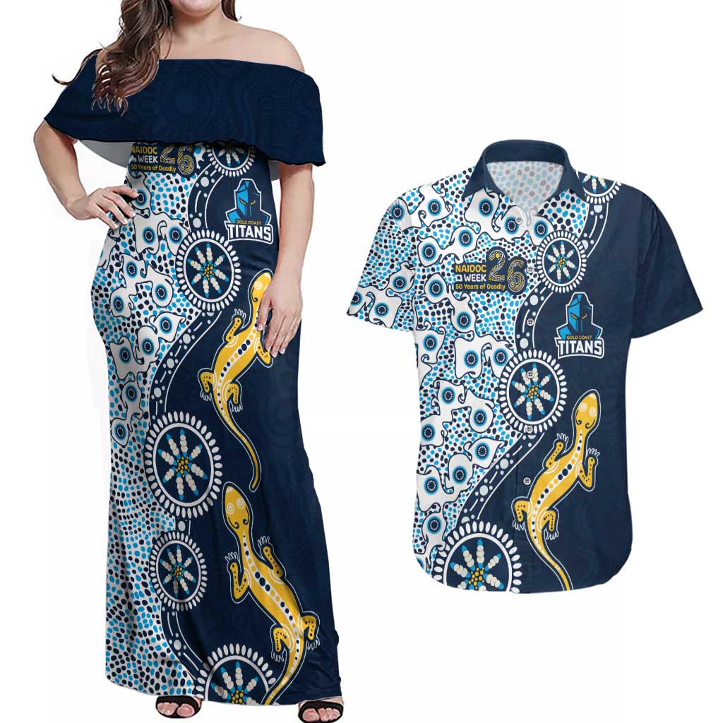 Gold Coast Titans NAIDOC Week 2026 Couples Matching Off Shoulder Maxi Dress and Hawaiian Shirt Aboriginal Lizard Dot Painting - 50 Years of Deadly