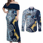 Gold Coast Titans NAIDOC Week 2026 Couples Matching Off Shoulder Maxi Dress and Long Sleeve Button Shirt Aboriginal Lizard Dot Painting - 50 Years of Deadly