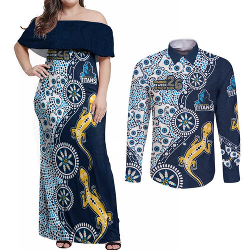 Gold Coast Titans NAIDOC Week 2026 Couples Matching Off Shoulder Maxi Dress and Long Sleeve Button Shirt Aboriginal Lizard Dot Painting - 50 Years of Deadly