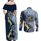 Gold Coast Titans NAIDOC Week 2026 Couples Matching Off Shoulder Maxi Dress and Long Sleeve Button Shirt Aboriginal Lizard Dot Painting - 50 Years of Deadly