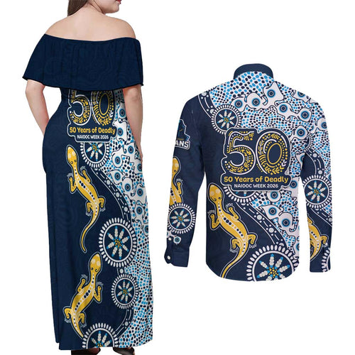 Gold Coast Titans NAIDOC Week 2026 Couples Matching Off Shoulder Maxi Dress and Long Sleeve Button Shirt Aboriginal Lizard Dot Painting - 50 Years of Deadly