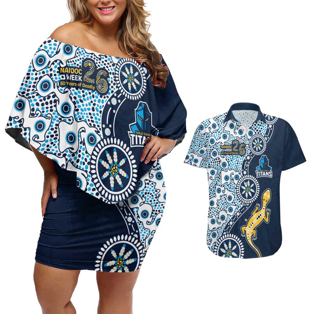 Gold Coast Titans NAIDOC Week 2026 Couples Matching Off Shoulder Short Dress and Hawaiian Shirt Aboriginal Lizard Dot Painting - 50 Years of Deadly