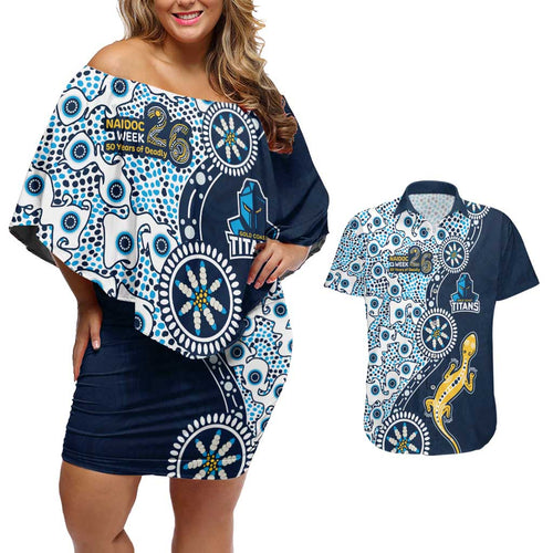 Gold Coast Titans NAIDOC Week 2026 Couples Matching Off Shoulder Short Dress and Hawaiian Shirt Aboriginal Lizard Dot Painting - 50 Years of Deadly
