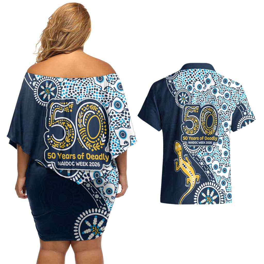 Gold Coast Titans NAIDOC Week 2026 Couples Matching Off Shoulder Short Dress and Hawaiian Shirt Aboriginal Lizard Dot Painting - 50 Years of Deadly
