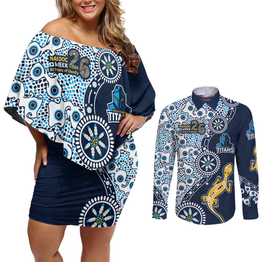 Gold Coast Titans NAIDOC Week 2026 Couples Matching Off Shoulder Short Dress and Long Sleeve Button Shirt Aboriginal Lizard Dot Painting - 50 Years of Deadly