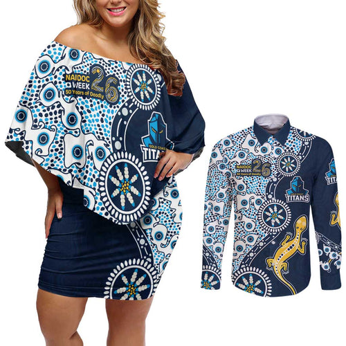Gold Coast Titans NAIDOC Week 2026 Couples Matching Off Shoulder Short Dress and Long Sleeve Button Shirt Aboriginal Lizard Dot Painting - 50 Years of Deadly