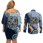 Gold Coast Titans NAIDOC Week 2026 Couples Matching Off Shoulder Short Dress and Long Sleeve Button Shirt Aboriginal Lizard Dot Painting - 50 Years of Deadly