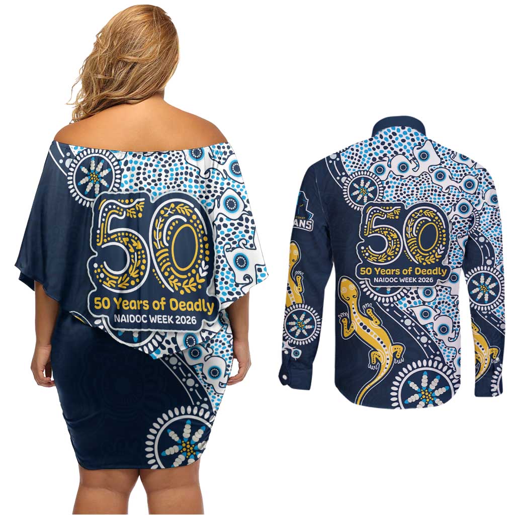 Gold Coast Titans NAIDOC Week 2026 Couples Matching Off Shoulder Short Dress and Long Sleeve Button Shirt Aboriginal Lizard Dot Painting - 50 Years of Deadly