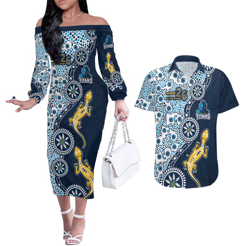Gold Coast Titans NAIDOC Week 2026 Couples Matching Off The Shoulder Long Sleeve Dress and Hawaiian Shirt Aboriginal Lizard Dot Painting - 50 Years of Deadly