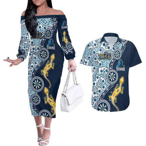 Gold Coast Titans NAIDOC Week 2026 Couples Matching Off The Shoulder Long Sleeve Dress and Hawaiian Shirt Aboriginal Lizard Dot Painting - 50 Years of Deadly