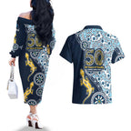 Gold Coast Titans NAIDOC Week 2026 Couples Matching Off The Shoulder Long Sleeve Dress and Hawaiian Shirt Aboriginal Lizard Dot Painting - 50 Years of Deadly