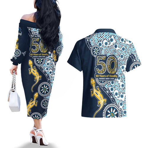 Gold Coast Titans NAIDOC Week 2026 Couples Matching Off The Shoulder Long Sleeve Dress and Hawaiian Shirt Aboriginal Lizard Dot Painting - 50 Years of Deadly