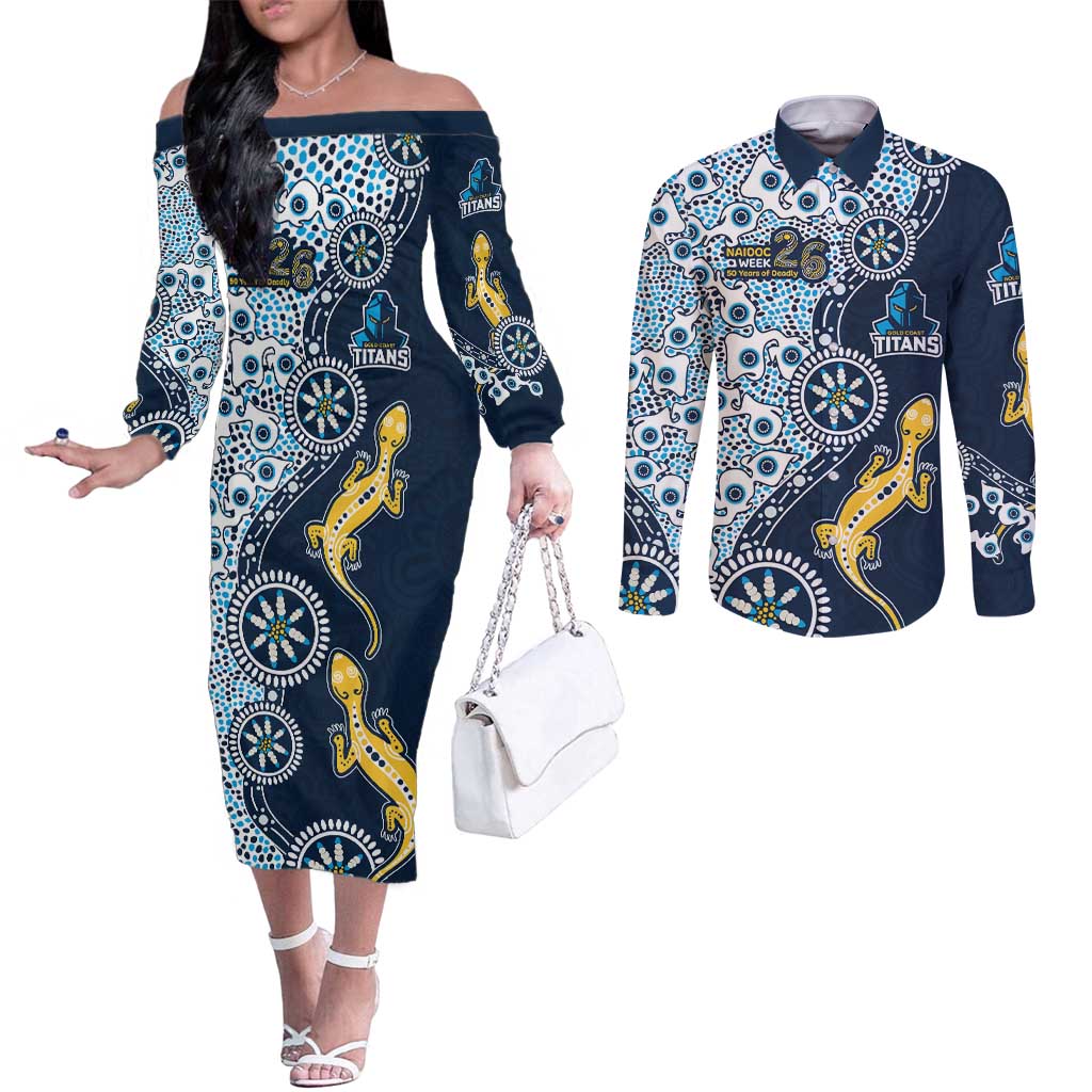 Gold Coast Titans NAIDOC Week 2026 Couples Matching Off The Shoulder Long Sleeve Dress and Long Sleeve Button Shirt Aboriginal Lizard Dot Painting - 50 Years of Deadly