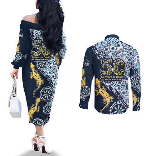 Gold Coast Titans NAIDOC Week 2026 Couples Matching Off The Shoulder Long Sleeve Dress and Long Sleeve Button Shirt Aboriginal Lizard Dot Painting - 50 Years of Deadly
