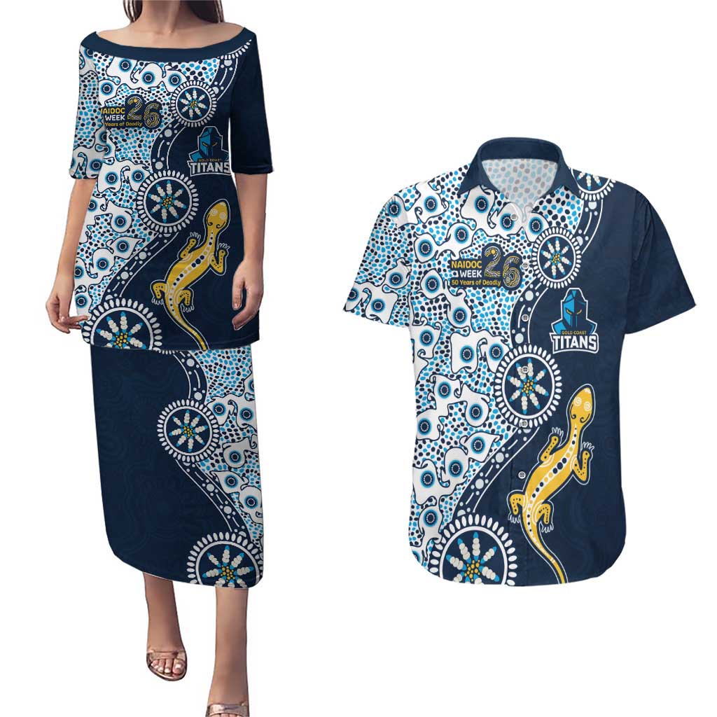 Gold Coast Titans NAIDOC Week 2026 Couples Matching Puletasi and Hawaiian Shirt Aboriginal Lizard Dot Painting - 50 Years of Deadly