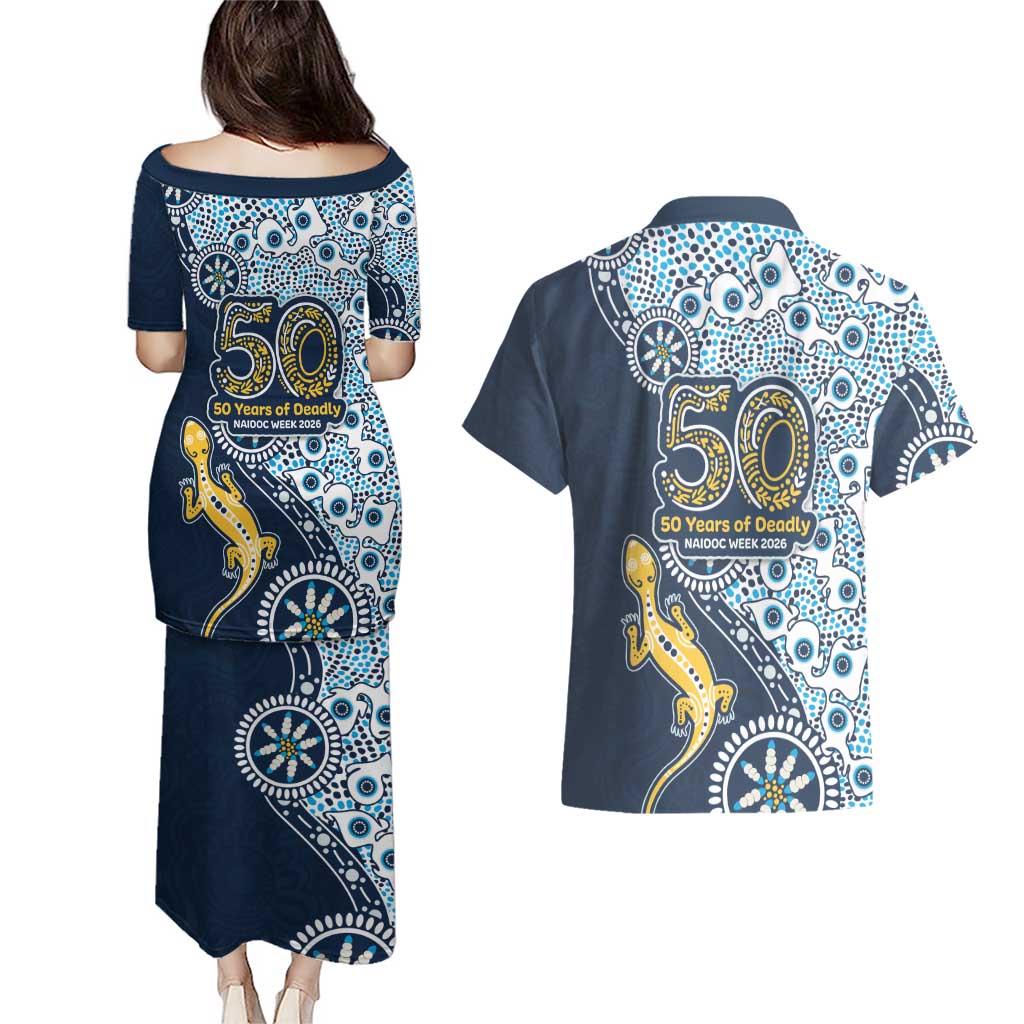 Gold Coast Titans NAIDOC Week 2026 Couples Matching Puletasi and Hawaiian Shirt Aboriginal Lizard Dot Painting - 50 Years of Deadly