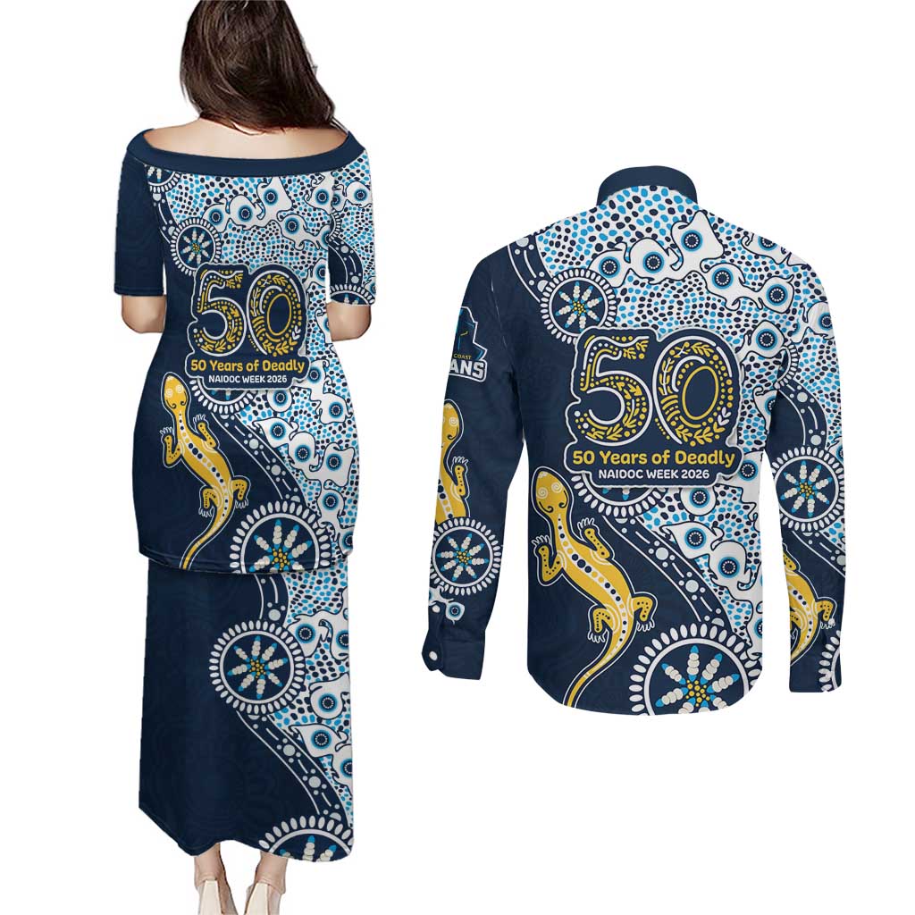 Gold Coast Titans NAIDOC Week 2026 Couples Matching Puletasi and Long Sleeve Button Shirt Aboriginal Lizard Dot Painting - 50 Years of Deadly