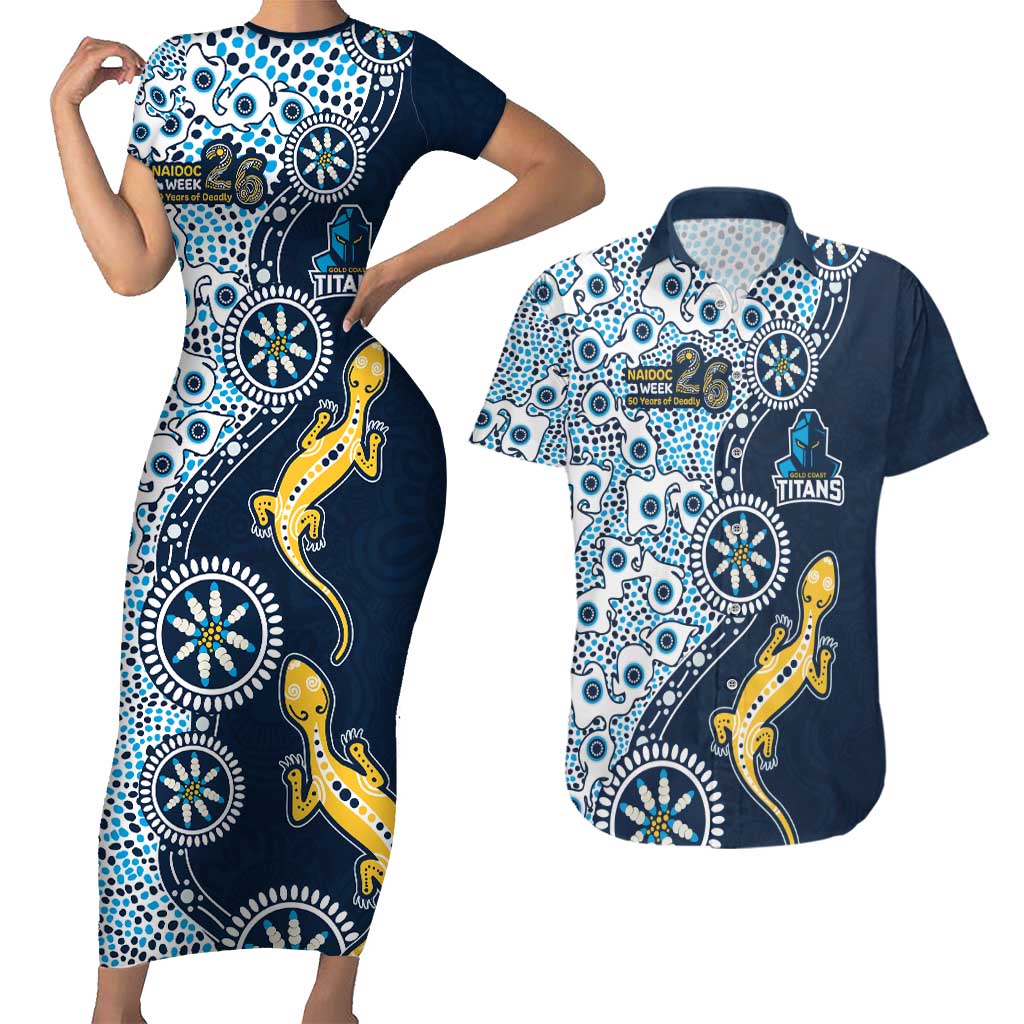 Gold Coast Titans NAIDOC Week 2026 Couples Matching Short Sleeve Bodycon Dress and Hawaiian Shirt Aboriginal Lizard Dot Painting - 50 Years of Deadly