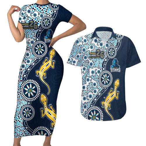 Gold Coast Titans NAIDOC Week 2026 Couples Matching Short Sleeve Bodycon Dress and Hawaiian Shirt Aboriginal Lizard Dot Painting - 50 Years of Deadly