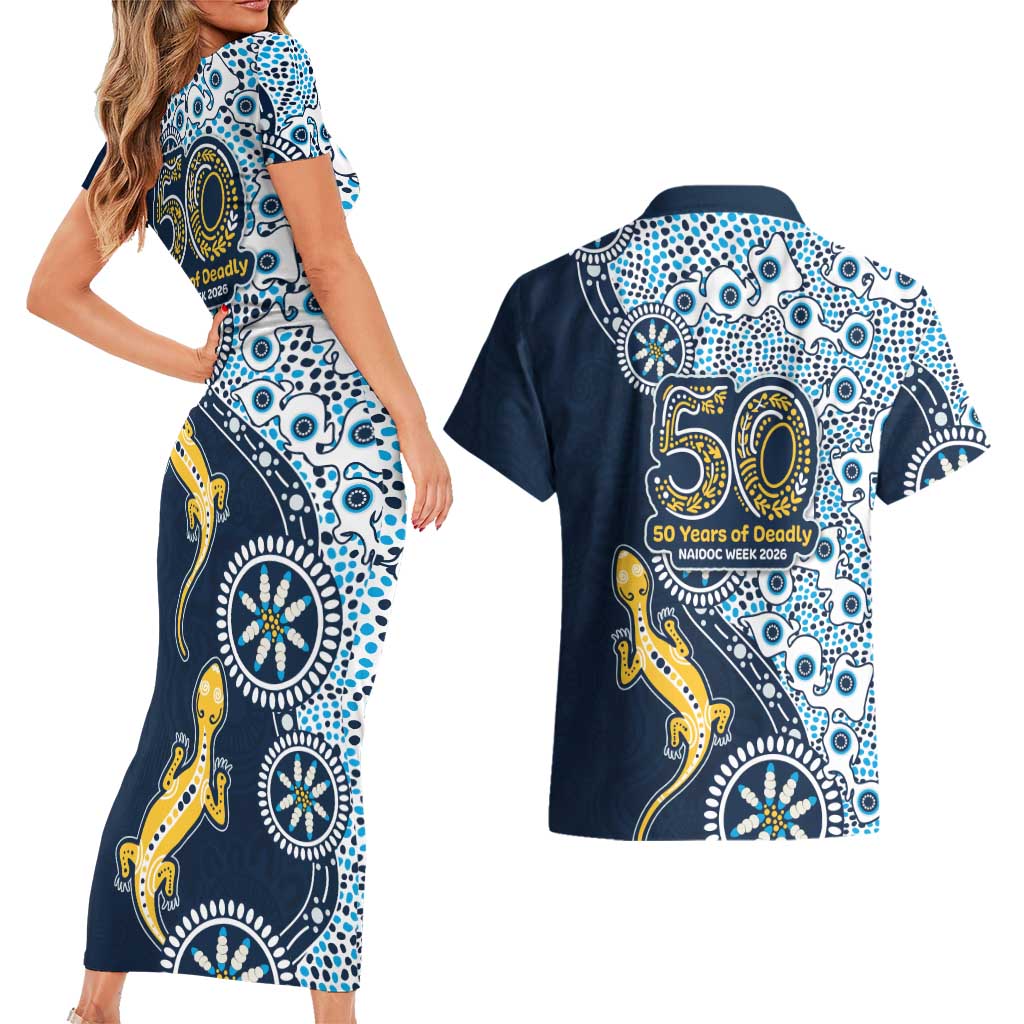 Gold Coast Titans NAIDOC Week 2026 Couples Matching Short Sleeve Bodycon Dress and Hawaiian Shirt Aboriginal Lizard Dot Painting - 50 Years of Deadly
