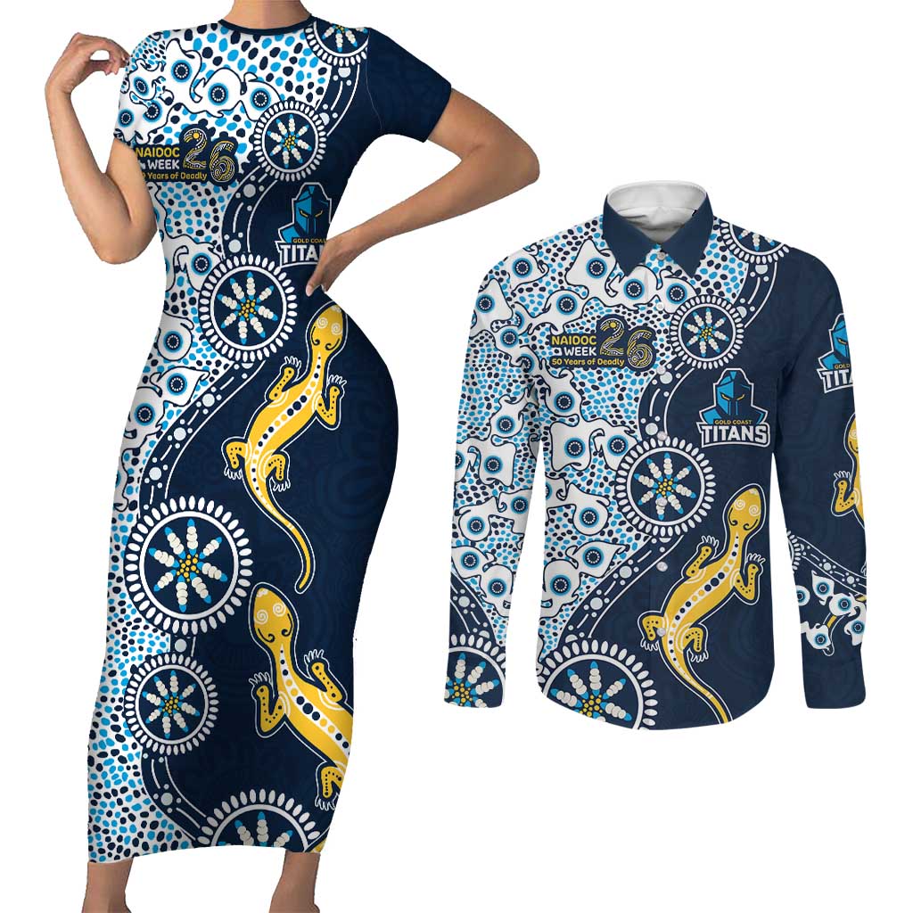 Gold Coast Titans NAIDOC Week 2026 Couples Matching Short Sleeve Bodycon Dress and Long Sleeve Button Shirt Aboriginal Lizard Dot Painting - 50 Years of Deadly