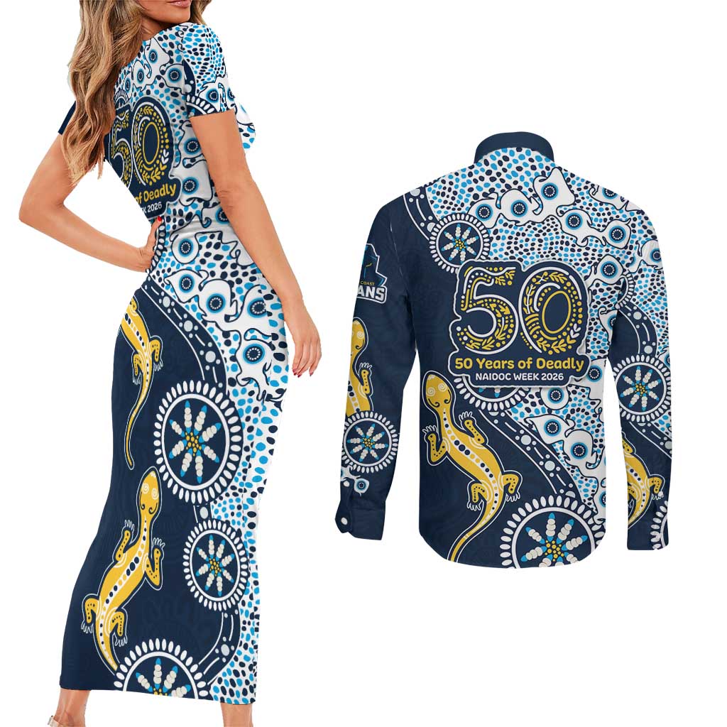 Gold Coast Titans NAIDOC Week 2026 Couples Matching Short Sleeve Bodycon Dress and Long Sleeve Button Shirt Aboriginal Lizard Dot Painting - 50 Years of Deadly