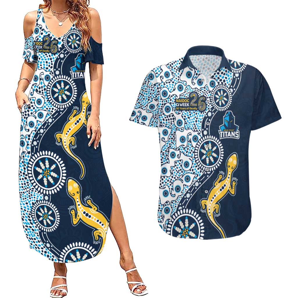 Gold Coast Titans NAIDOC Week 2026 Couples Matching Summer Maxi Dress and Hawaiian Shirt Aboriginal Lizard Dot Painting - 50 Years of Deadly