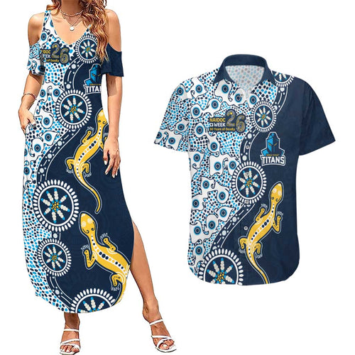 Gold Coast Titans NAIDOC Week 2026 Couples Matching Summer Maxi Dress and Hawaiian Shirt Aboriginal Lizard Dot Painting - 50 Years of Deadly