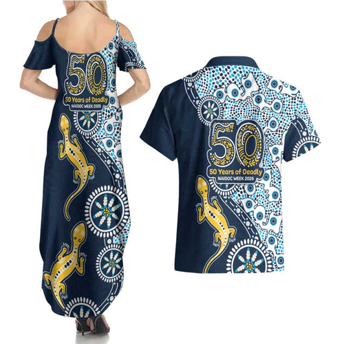 Gold Coast Titans NAIDOC Week 2026 Couples Matching Summer Maxi Dress and Hawaiian Shirt Aboriginal Lizard Dot Painting - 50 Years of Deadly