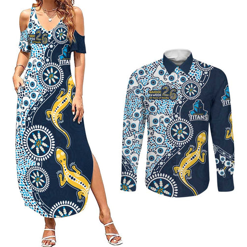 Gold Coast Titans NAIDOC Week 2026 Couples Matching Summer Maxi Dress and Long Sleeve Button Shirt Aboriginal Lizard Dot Painting - 50 Years of Deadly