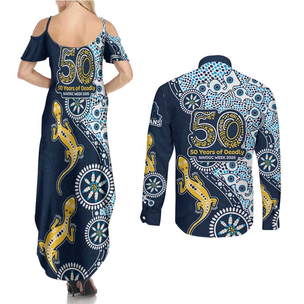 Gold Coast Titans NAIDOC Week 2026 Couples Matching Summer Maxi Dress and Long Sleeve Button Shirt Aboriginal Lizard Dot Painting - 50 Years of Deadly