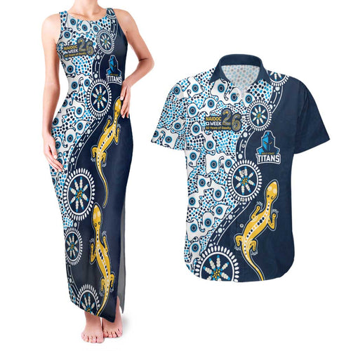 Gold Coast Titans NAIDOC Week 2026 Couples Matching Tank Maxi Dress and Hawaiian Shirt Aboriginal Lizard Dot Painting - 50 Years of Deadly