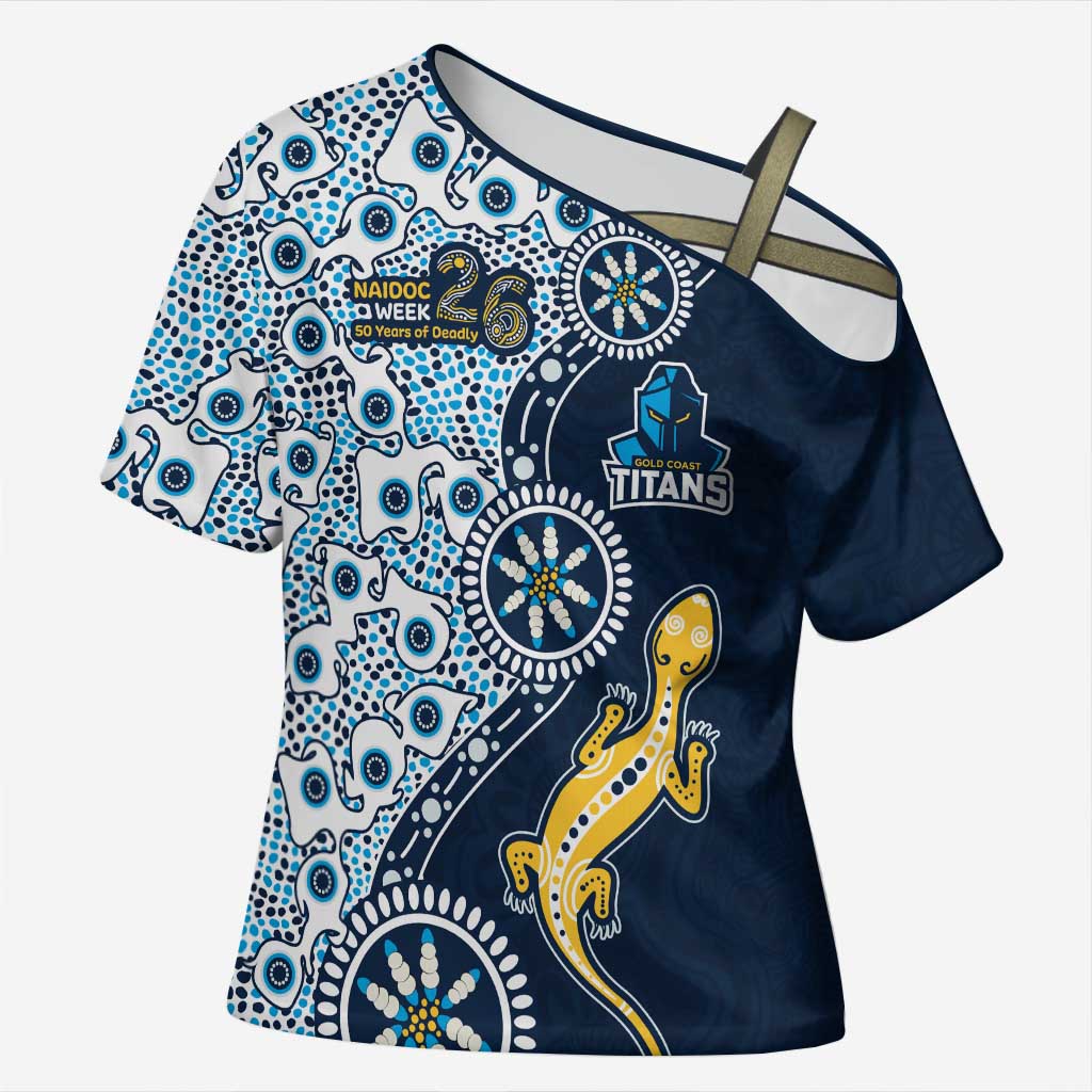 Gold Coast Titans NAIDOC Week 2026 Cross Shoulder Shirt Aboriginal Lizard Dot Painting - 50 Years of Deadly
