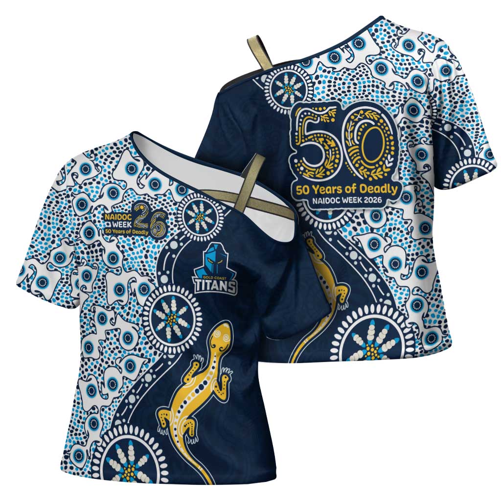 Gold Coast Titans NAIDOC Week 2026 Cross Shoulder Shirt Aboriginal Lizard Dot Painting - 50 Years of Deadly