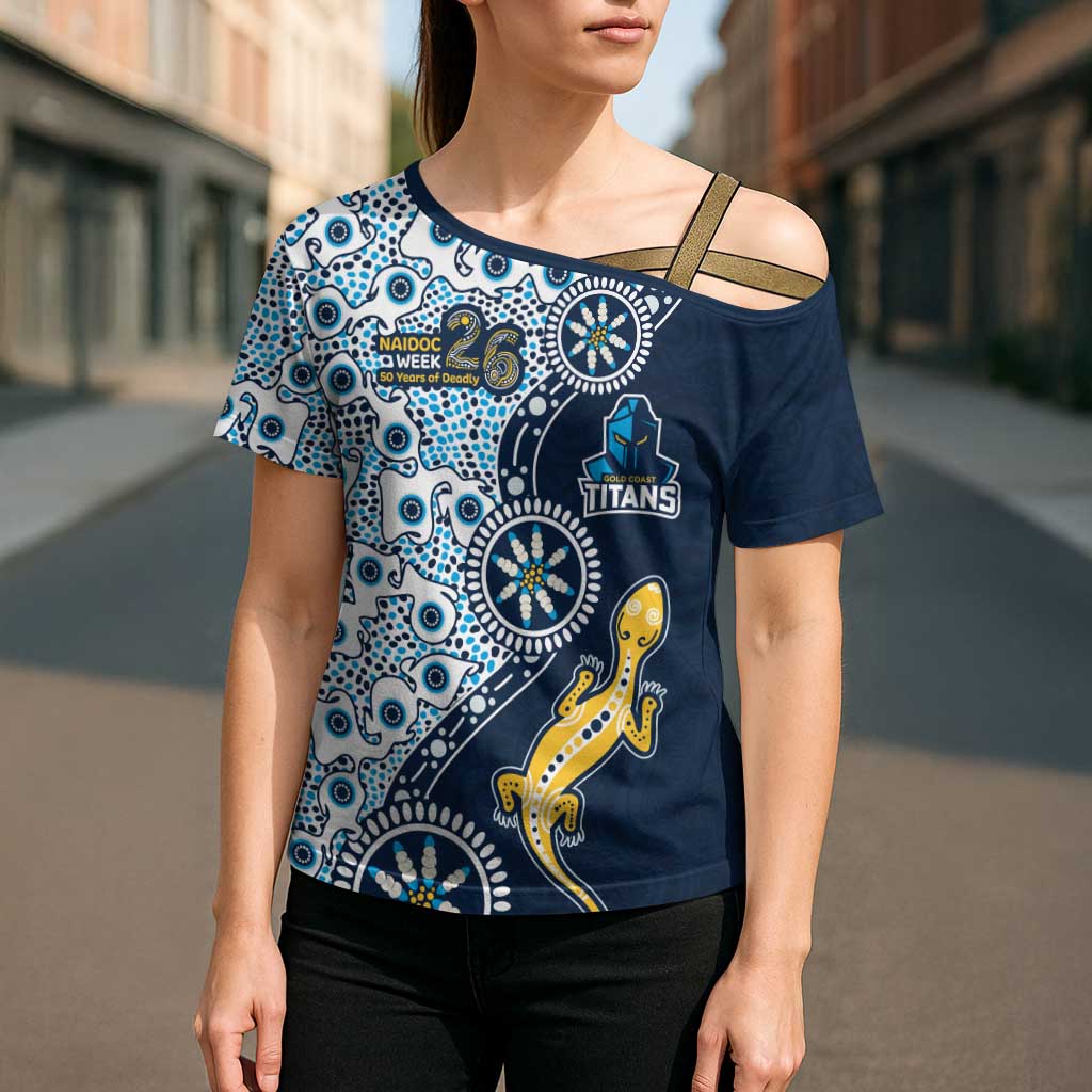 Gold Coast Titans NAIDOC Week 2026 Cross Shoulder Shirt Aboriginal Lizard Dot Painting - 50 Years of Deadly
