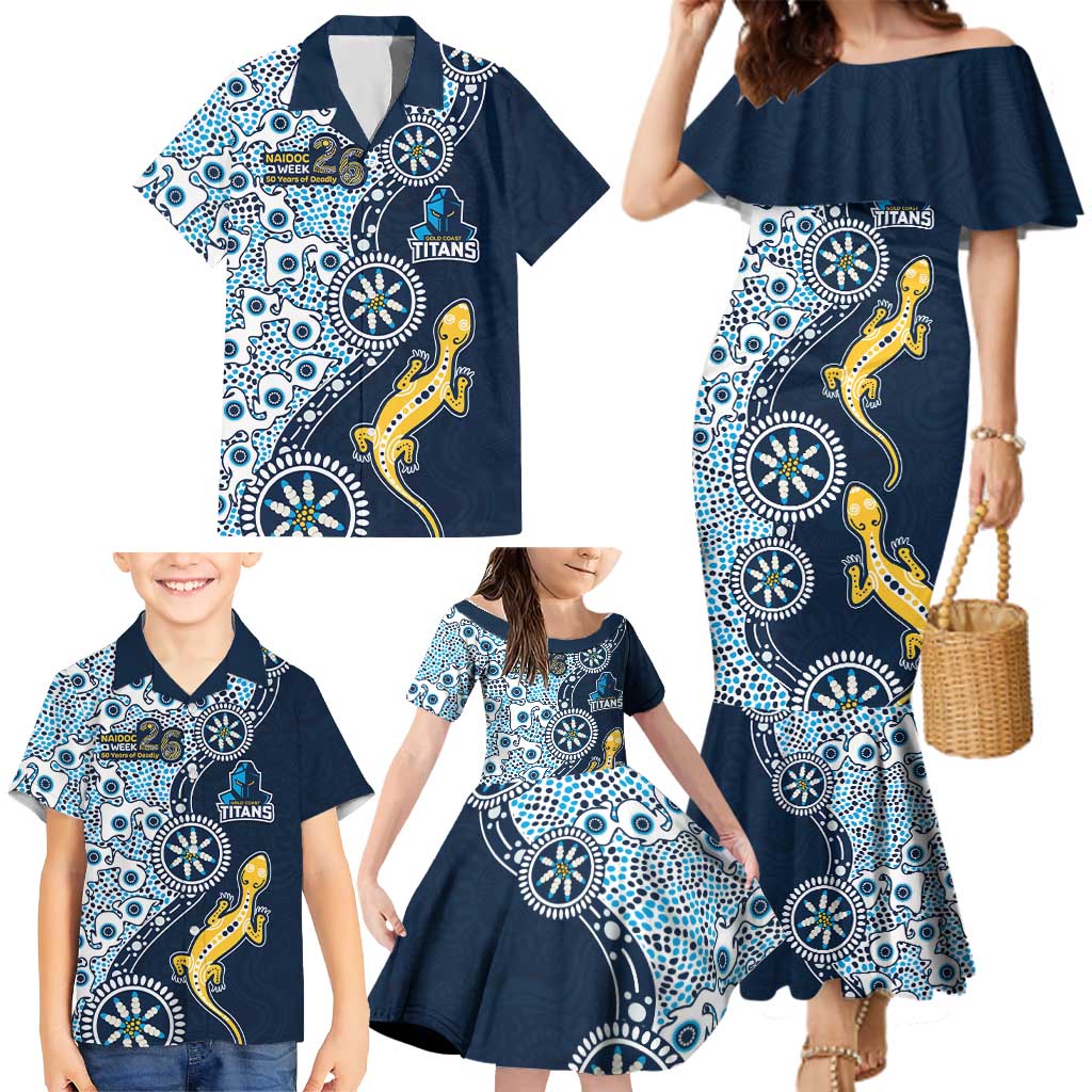 Gold Coast Titans NAIDOC Week 2026 Family Matching Mermaid Dress and Hawaiian Shirt Aboriginal Lizard Dot Painting - 50 Years of Deadly