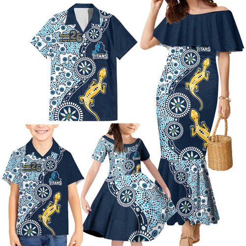Gold Coast Titans NAIDOC Week 2026 Family Matching Mermaid Dress and Hawaiian Shirt Aboriginal Lizard Dot Painting - 50 Years of Deadly