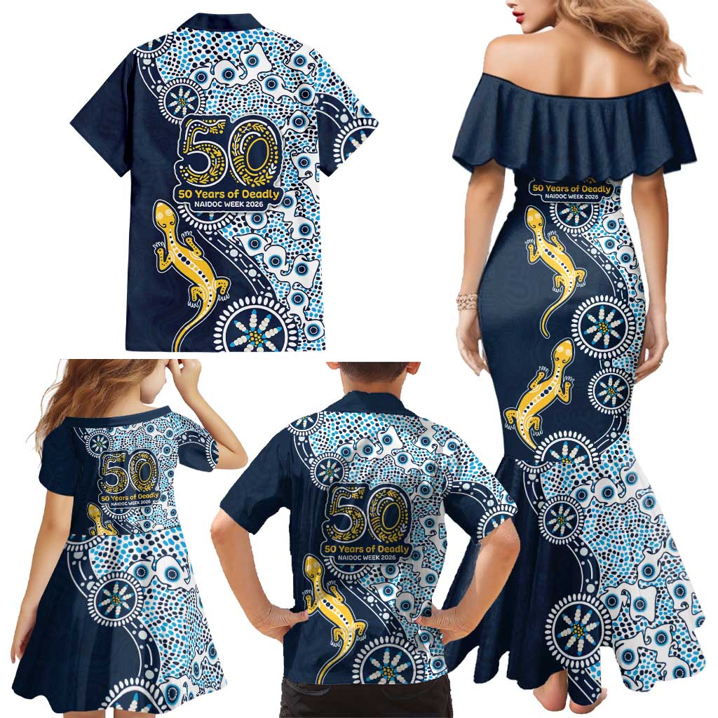 Gold Coast Titans NAIDOC Week 2026 Family Matching Mermaid Dress and Hawaiian Shirt Aboriginal Lizard Dot Painting - 50 Years of Deadly